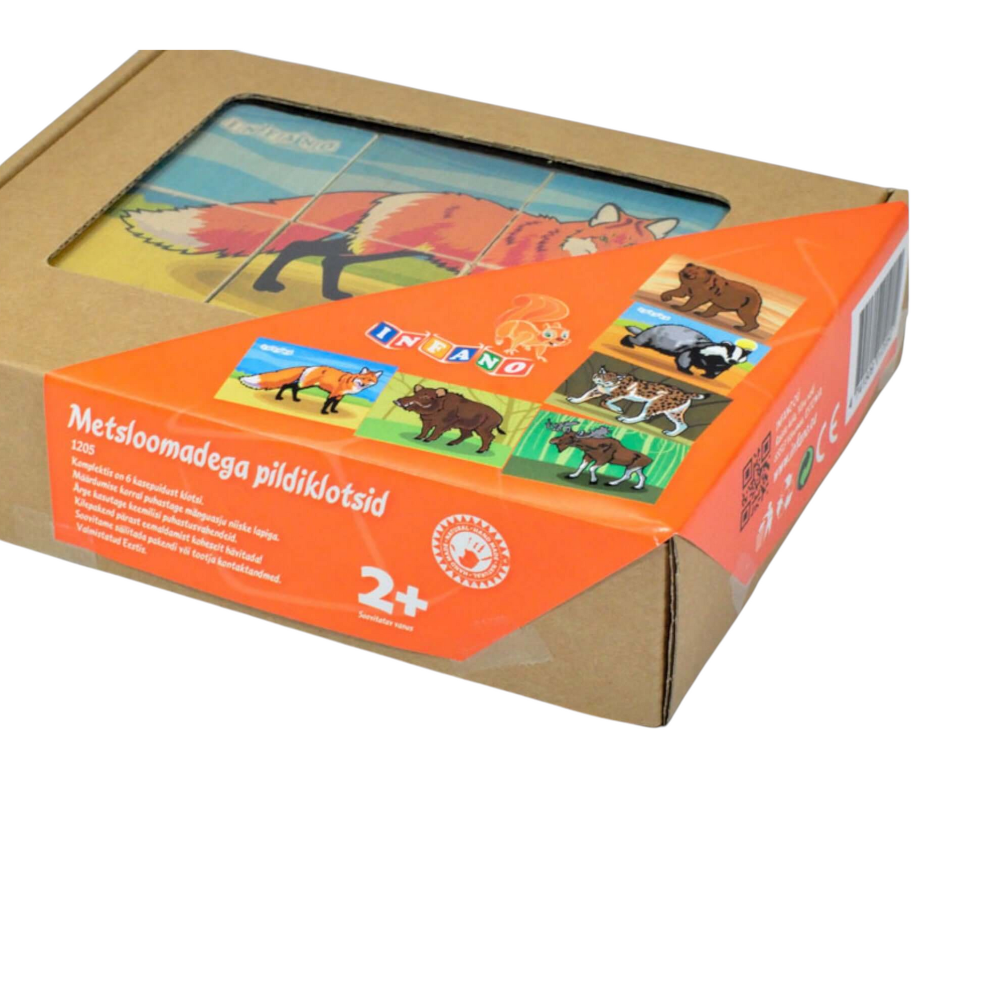 Wooden picture blocks - wild animals - 6 pcs packaging showcasing colorful animal designs and box features.