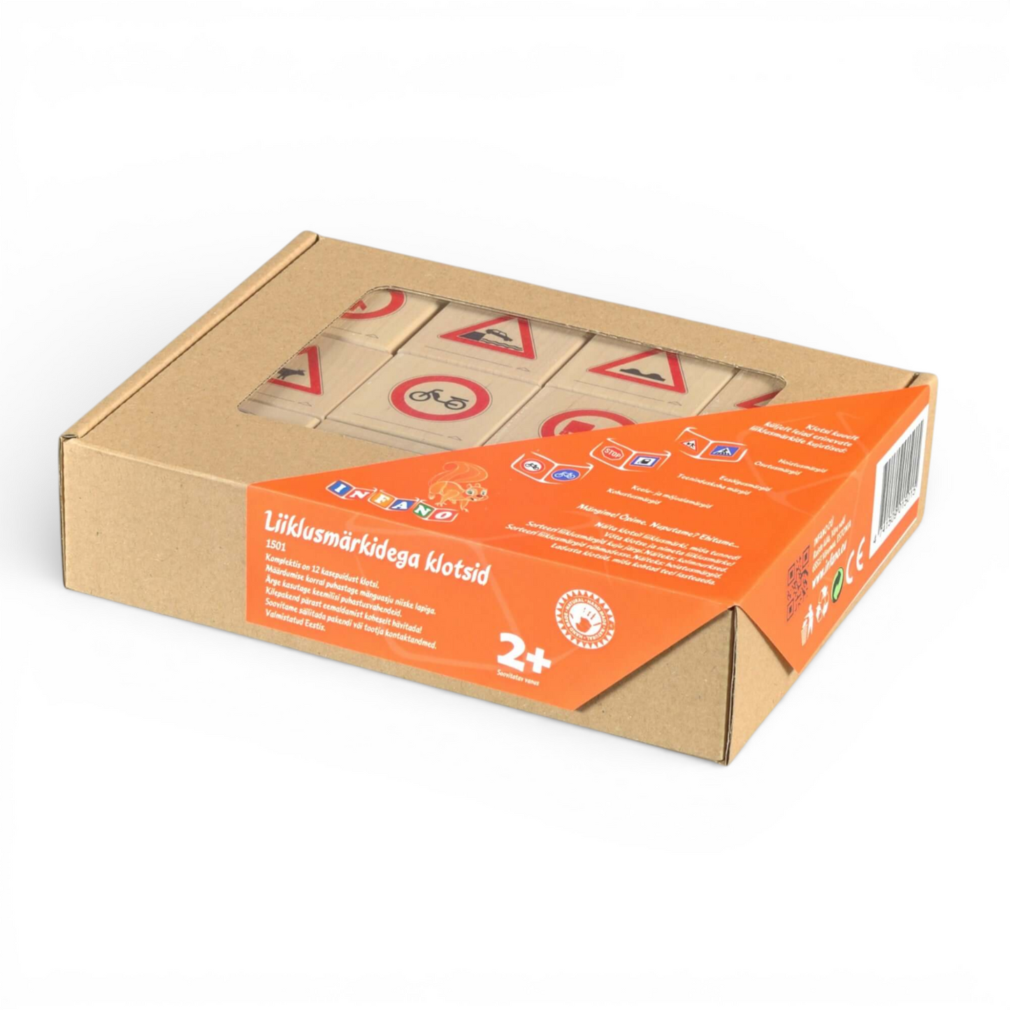 Wooden picture blocks - traffic signs - 12 pcs in a cardboard box with colorful traffic sign designs.