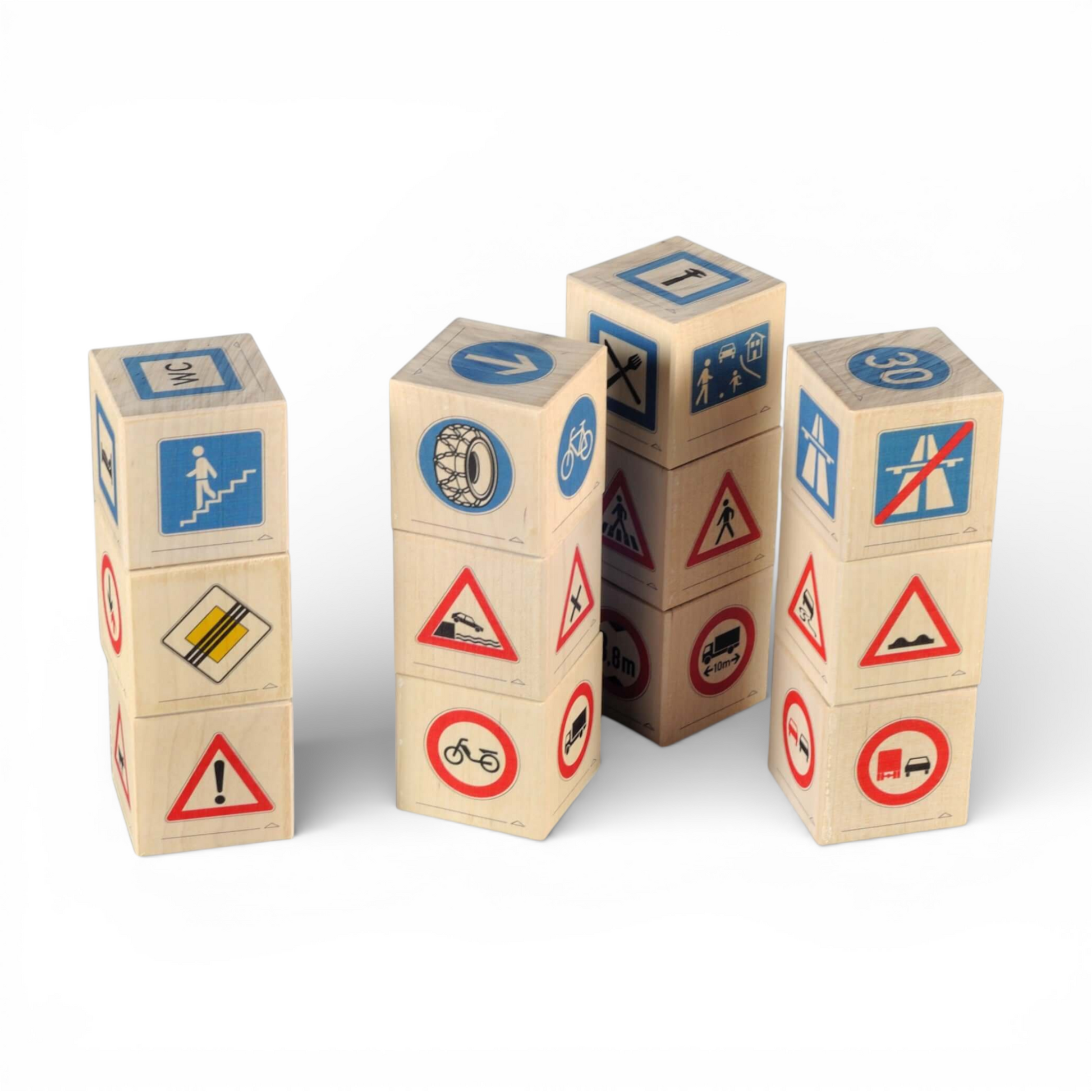 Wooden picture blocks - traffic signs - 12 pcs arranged in a playful display featuring various traffic sign graphics.