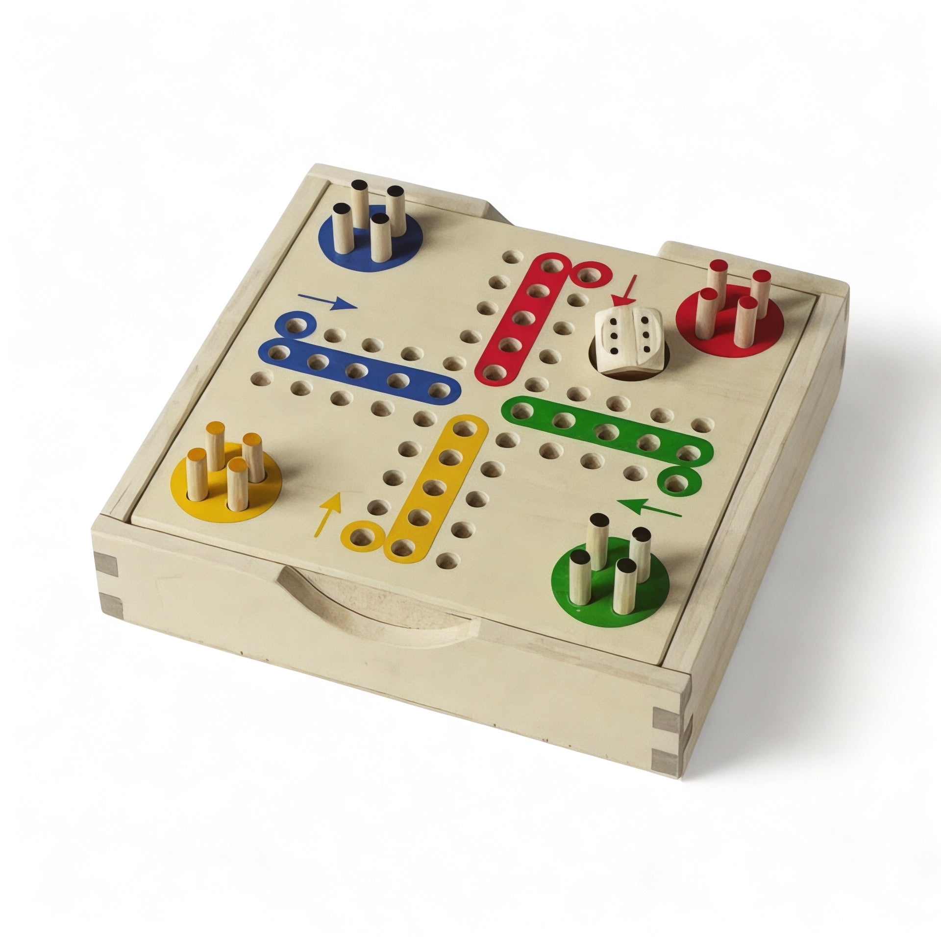 Wooden board game with colorful pegs and a die on a white background
