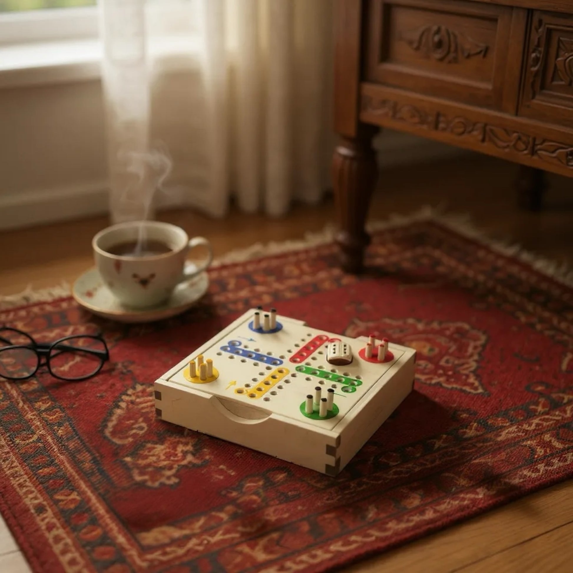 Board game on a red patterned rug with a cup of tea and glasses in the background
