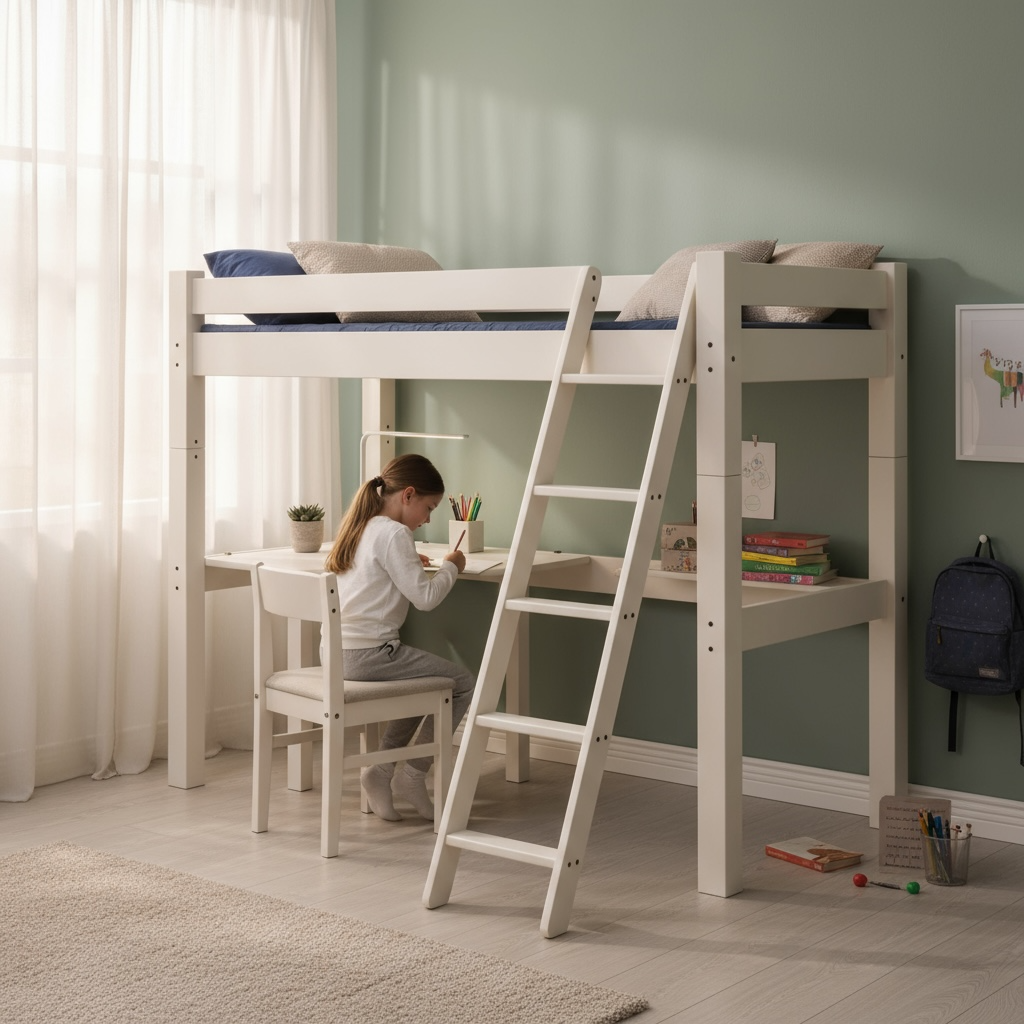 Lahe - High bed with slant ladder and corner table top - 90x200 cm - White