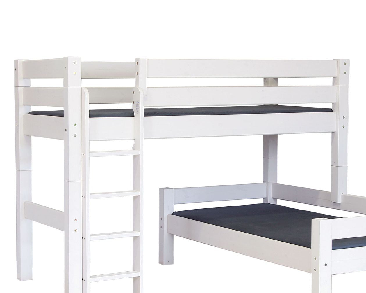 White loft bed with a ladder and mattress on a white background