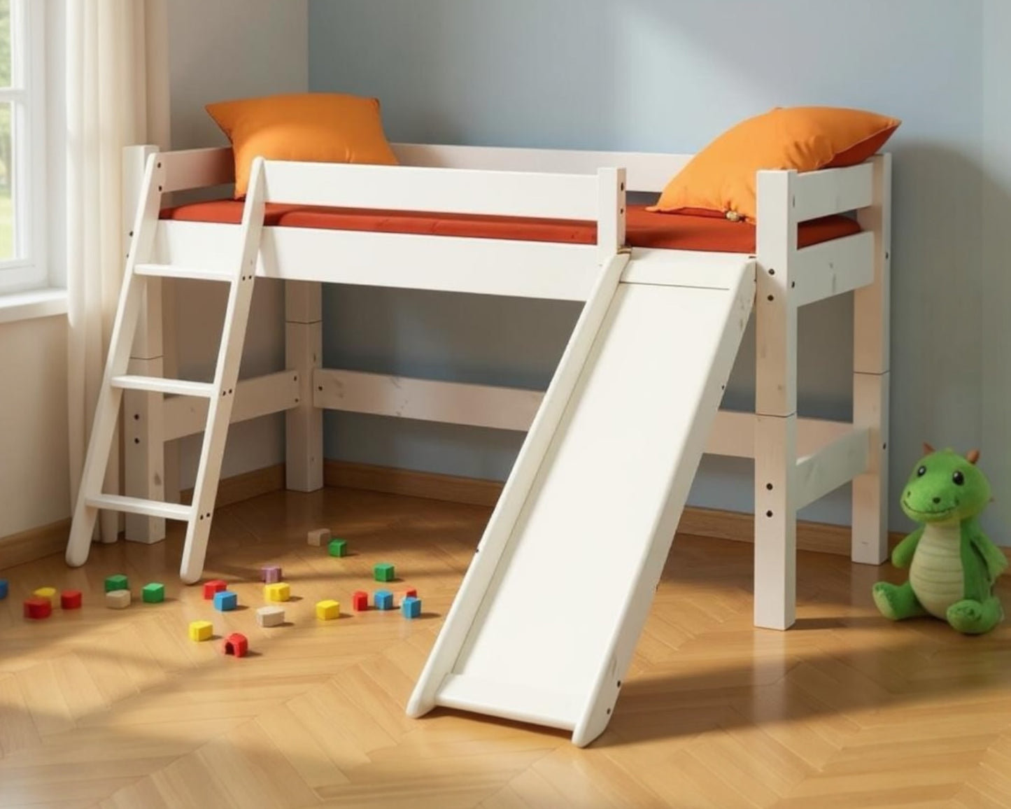 Lahe - Half high bed with slant ladder and slide - 90x200 cm - White