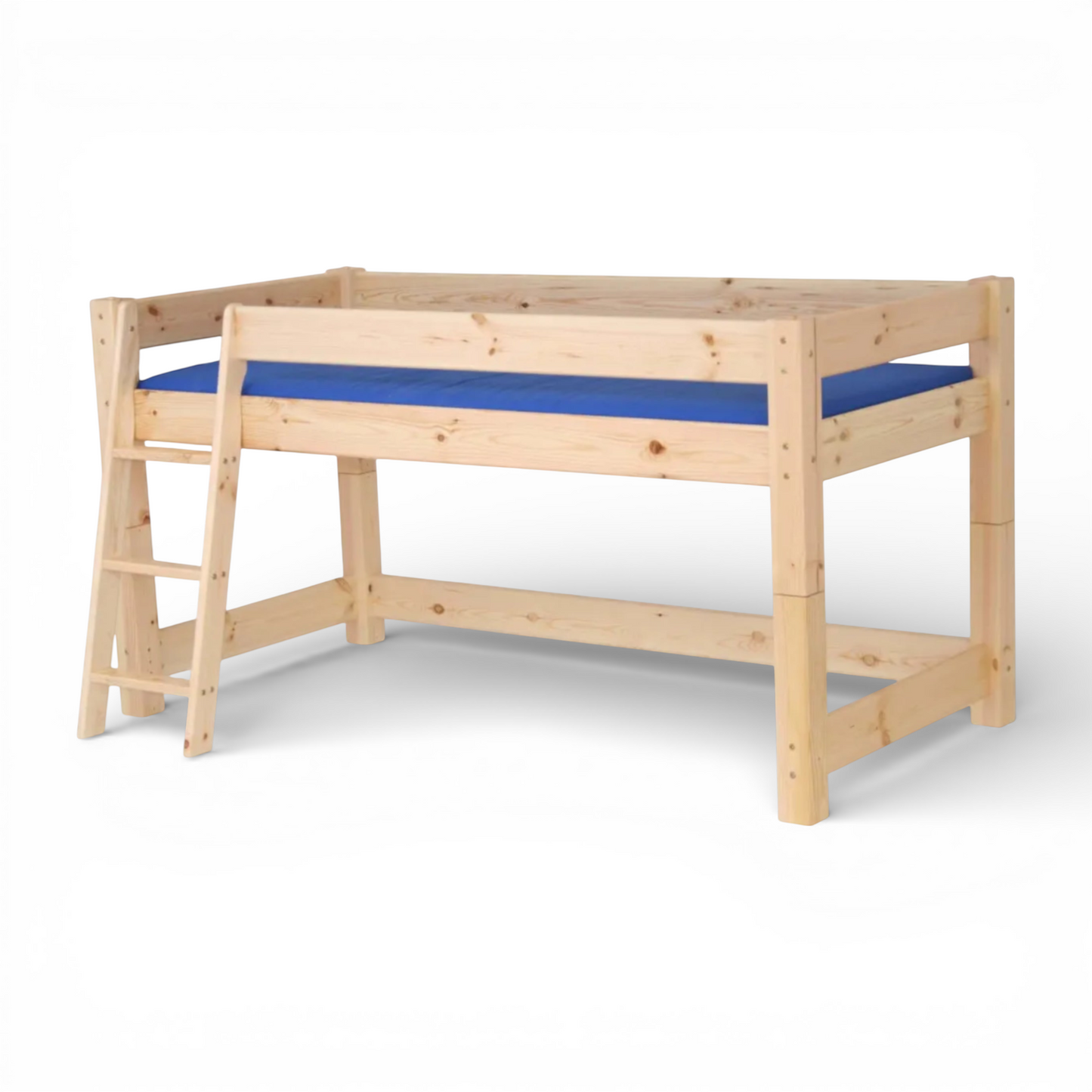 Lahe - Half high bed with slant ladder - 90x200 cm - Natural laquered with blue mattress