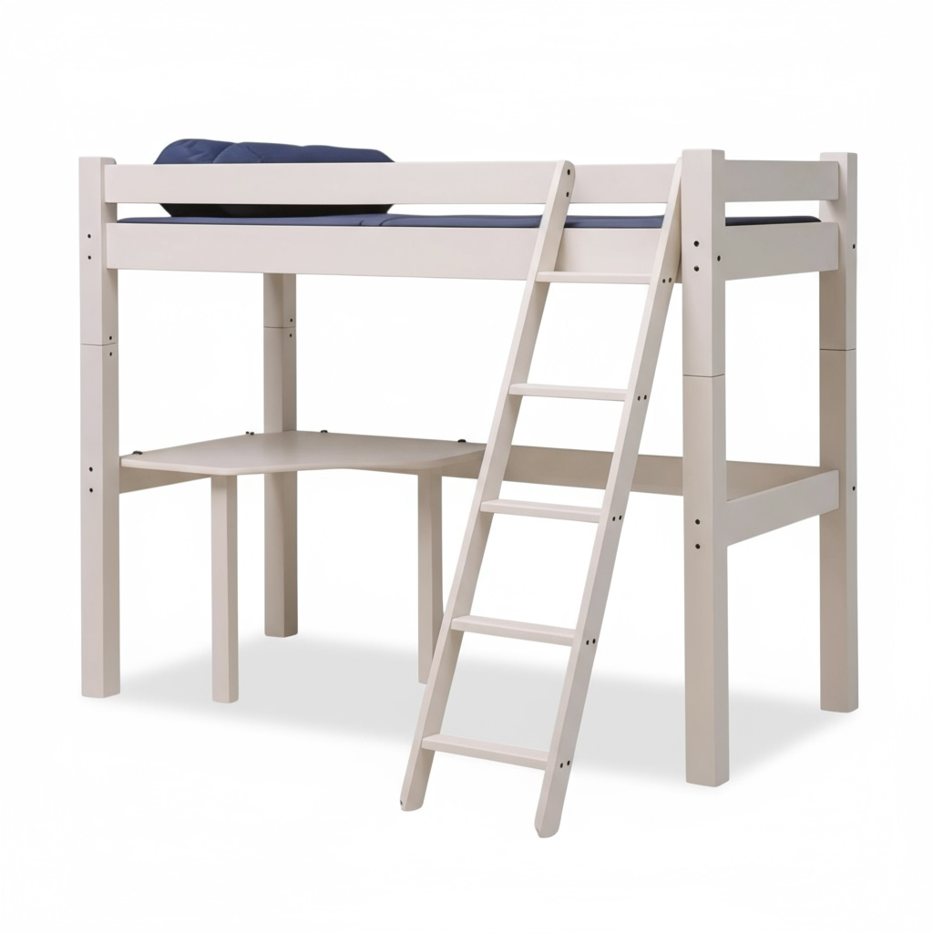 Lahe - High bed with slant ladder and corner table top - 90x200 cm - White