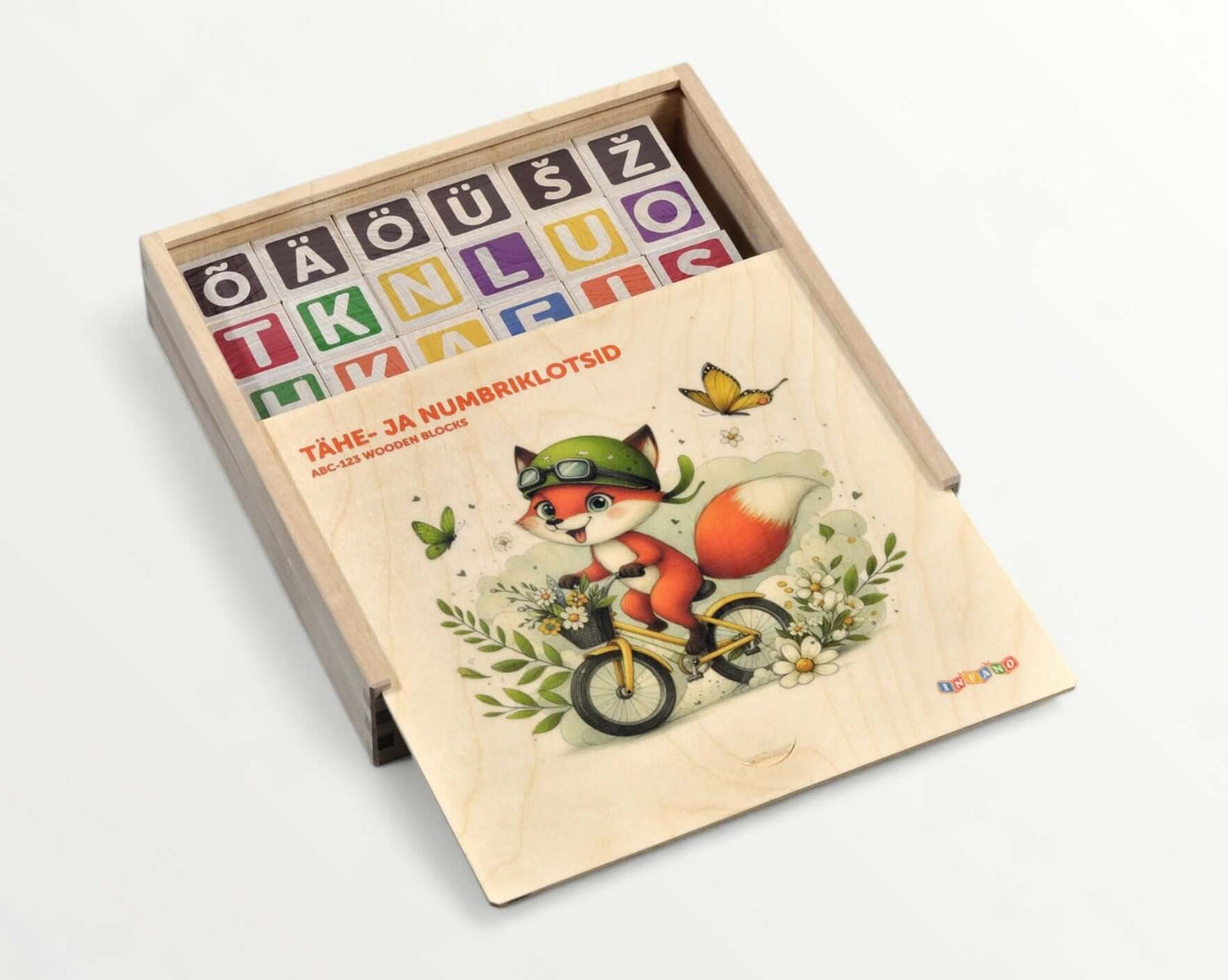 ABC-123 Wooden blocks - 36 pcs in a wooden box with colorful letters and illustration of a fox.