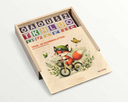 ABC-123 Wooden blocks - 36 pcs in a wooden box with colorful letters and illustration of a fox.