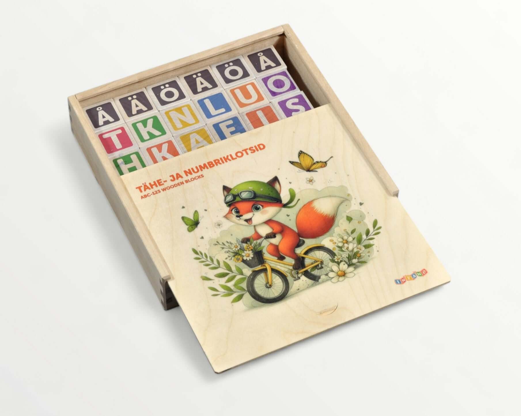 ABC-123 Wooden blocks - 36 pcs in a wooden storage box with colorful letters and a cute fox illustration.