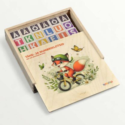 ABC-123 Wooden blocks - 36 pcs in a wooden storage box with colorful letters and a cute fox illustration.