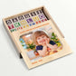 ABC-123 Wooden blocks - 36 pcs in a wooden box with colorful letters and a smiling toddler.