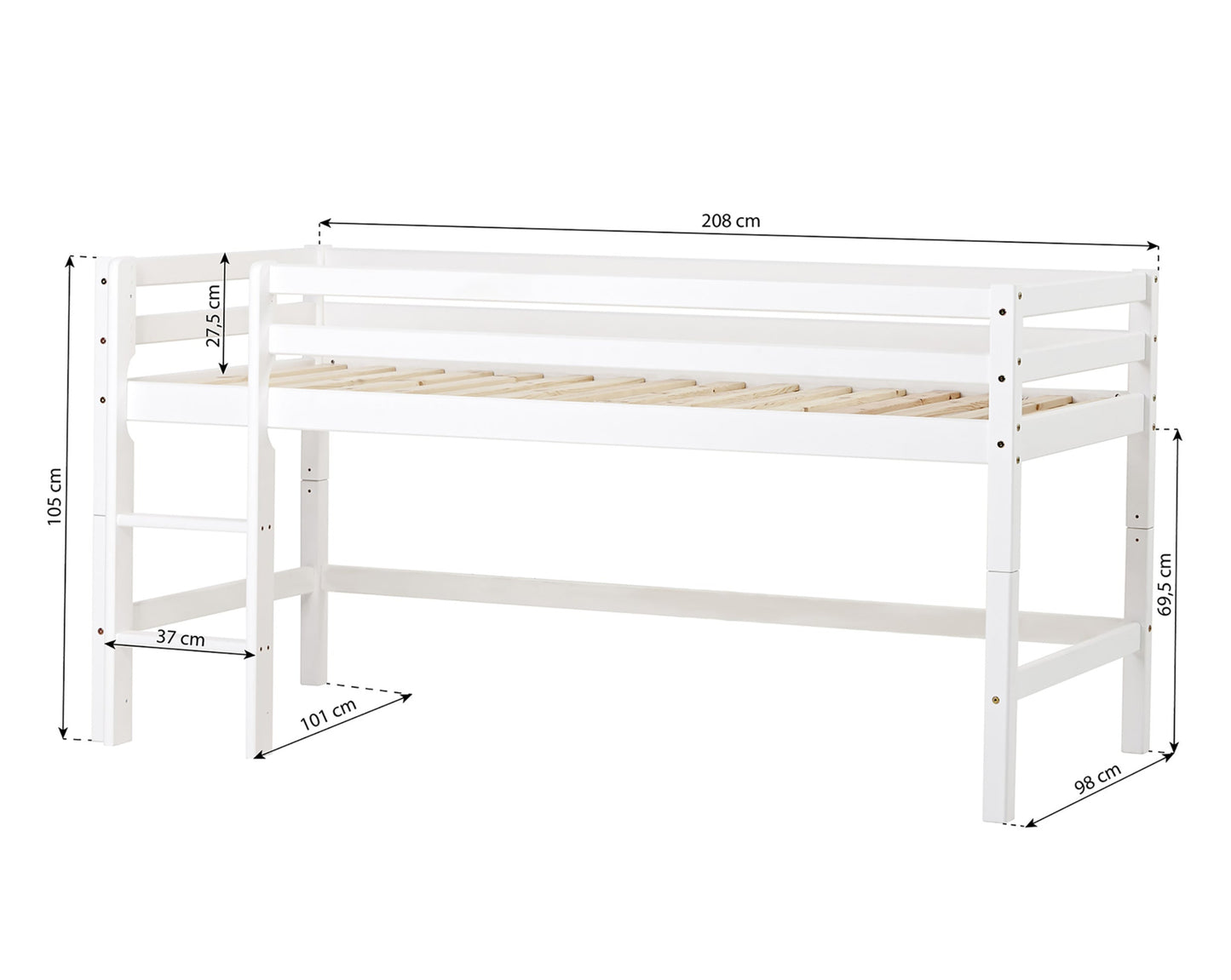 ECO Dream - Полувысокая кровать с письменным столом, ящиком и книжной полкой - 90x200см - Белый