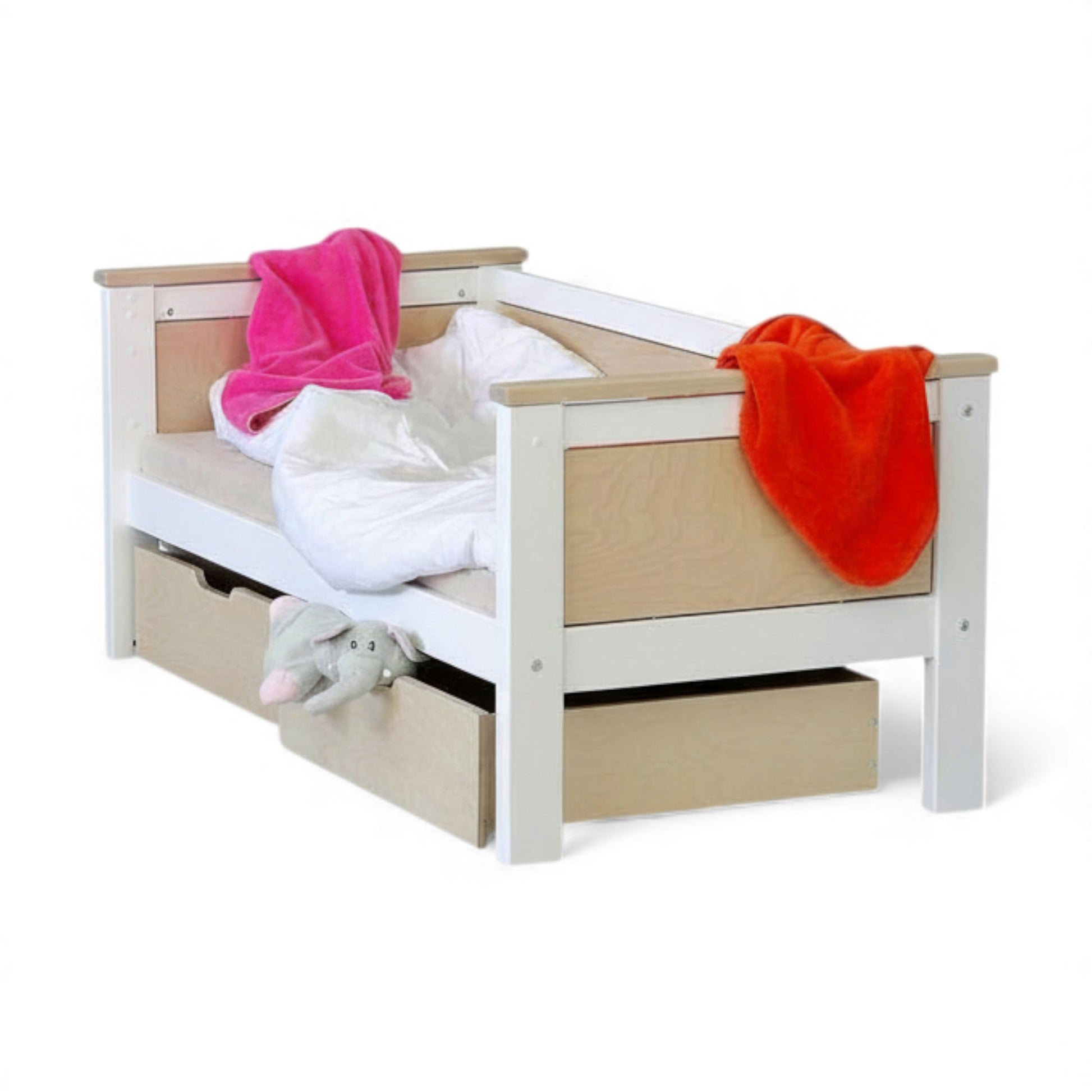 Jerwen - Junior bed - 70x160 cm with colorful blankets and storage drawers.