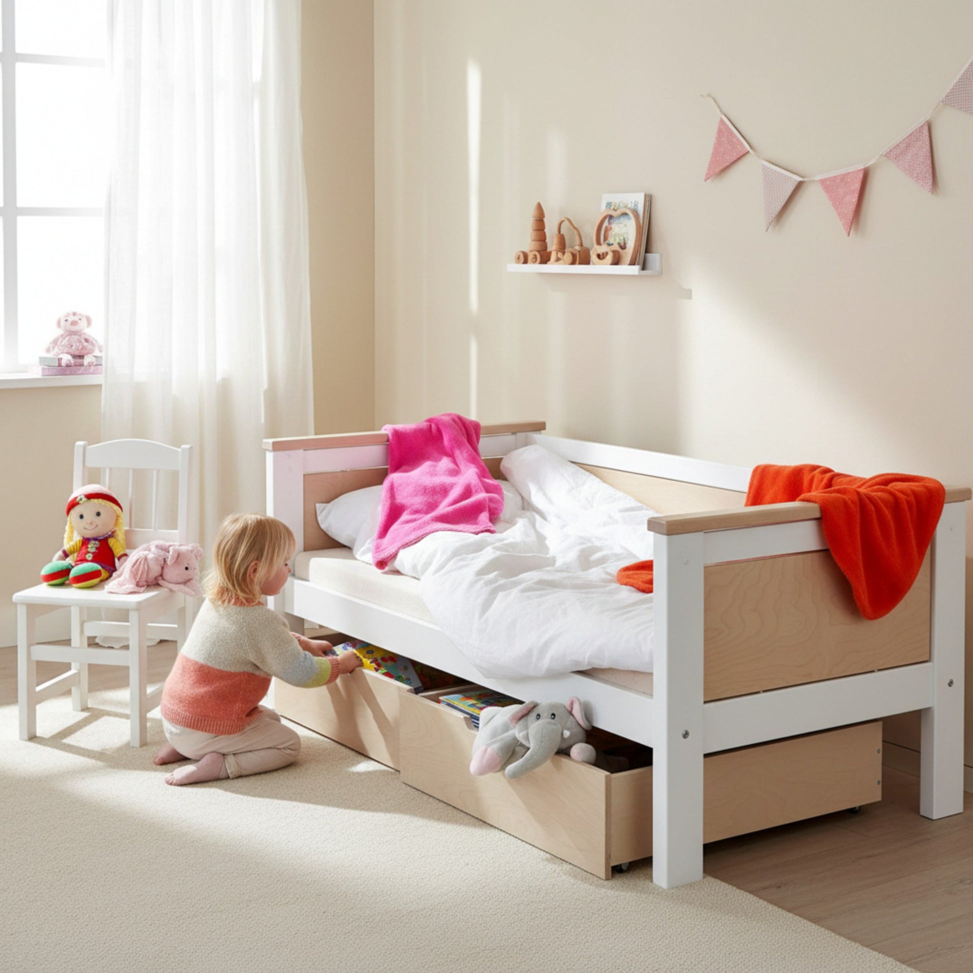Jerwen - Junior bed - 70x160 cm with a child playing and storage drawers in a bright room.