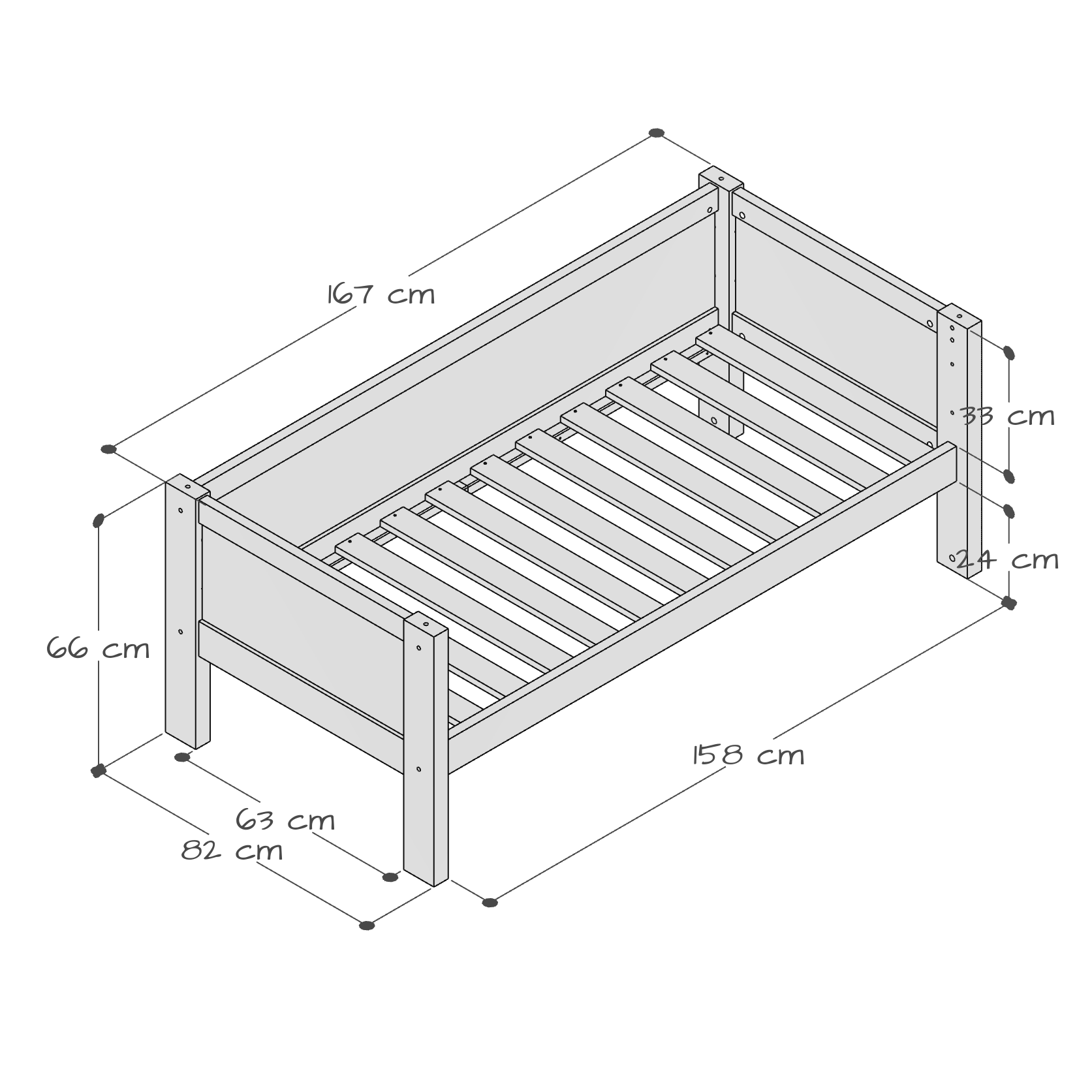 Jerwen - Junior bed - 70x160 cm detailed dimensions and specifications image