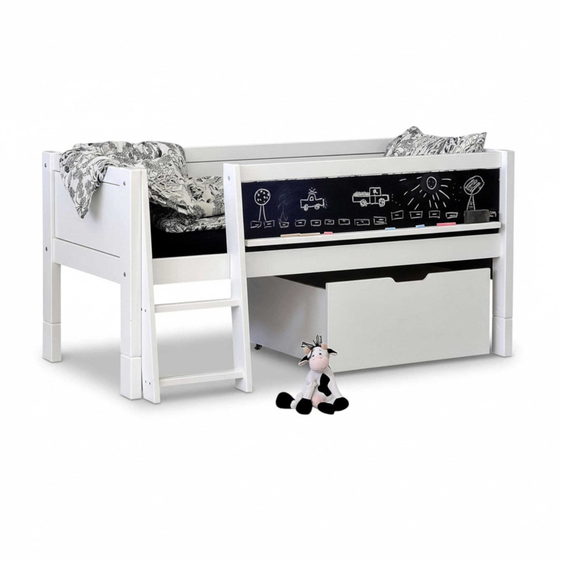 Jerwen - Compact bed with blackboard and ladder - 70x160 cm, featuring a ladder and creative play space.