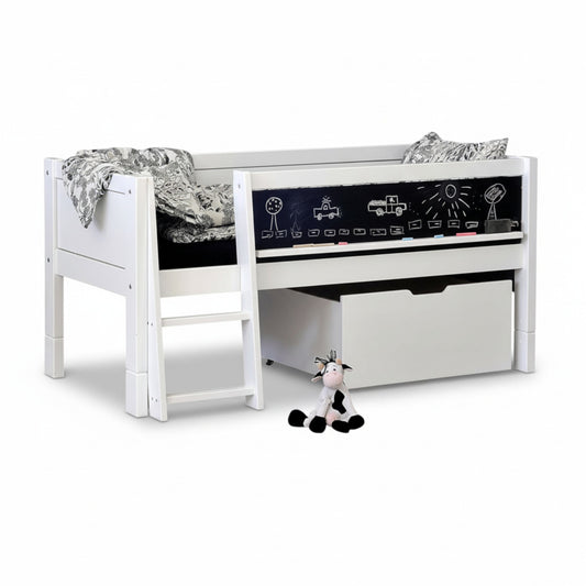 Jerwen - Compact bed with blackboard and ladder - 70x160 cm, featuring a ladder and creative play space.