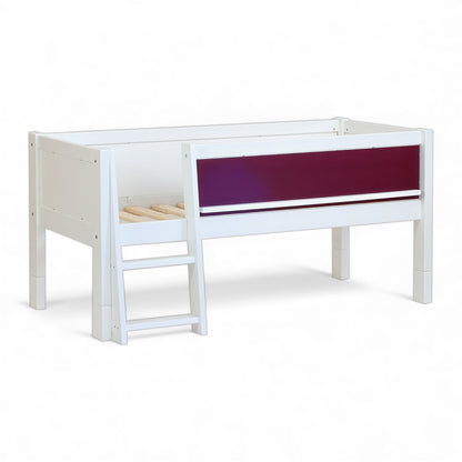 Jerwen - Compact bed with blackboard and ladder - 70x160 cm, featuring a white frame and a maroon panel.