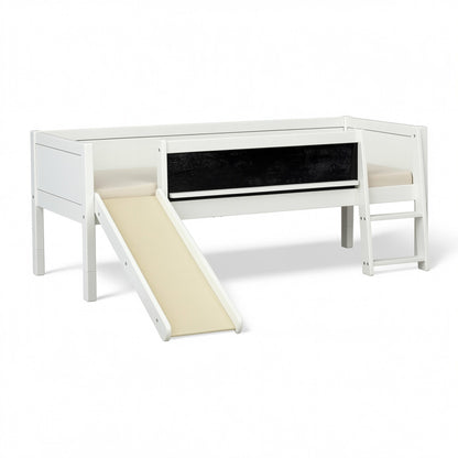 Jerwen - Compact-bed with blackboard, ladder and slide - 90x200 cm in white with a slide and blackboard.