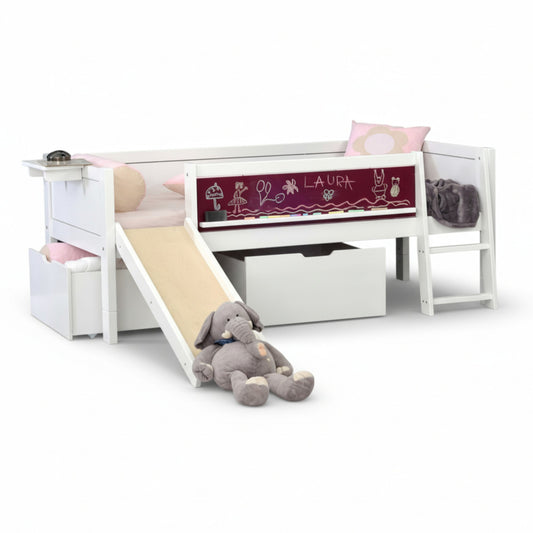Jerwen - Compact-bed with blackboard, ladder and slide - 90x200 cm with slide and plush toys.