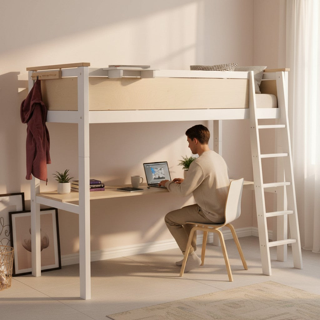 Person using a laptop at a desk under a loft bed in a bright room.