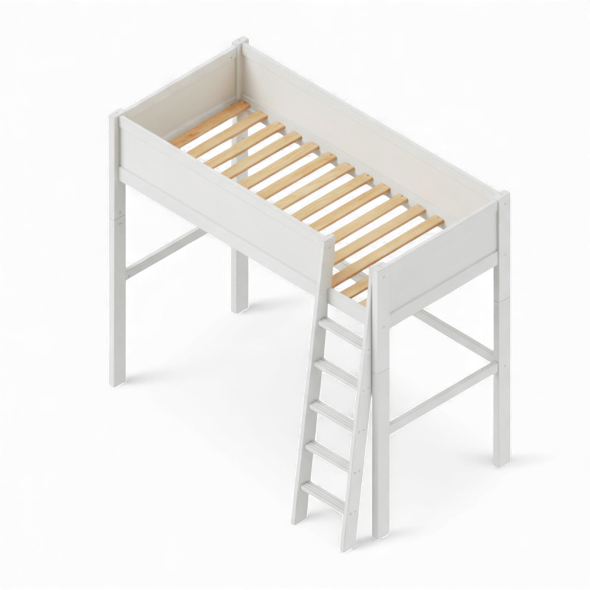 White loft bed with wooden slats on a white background