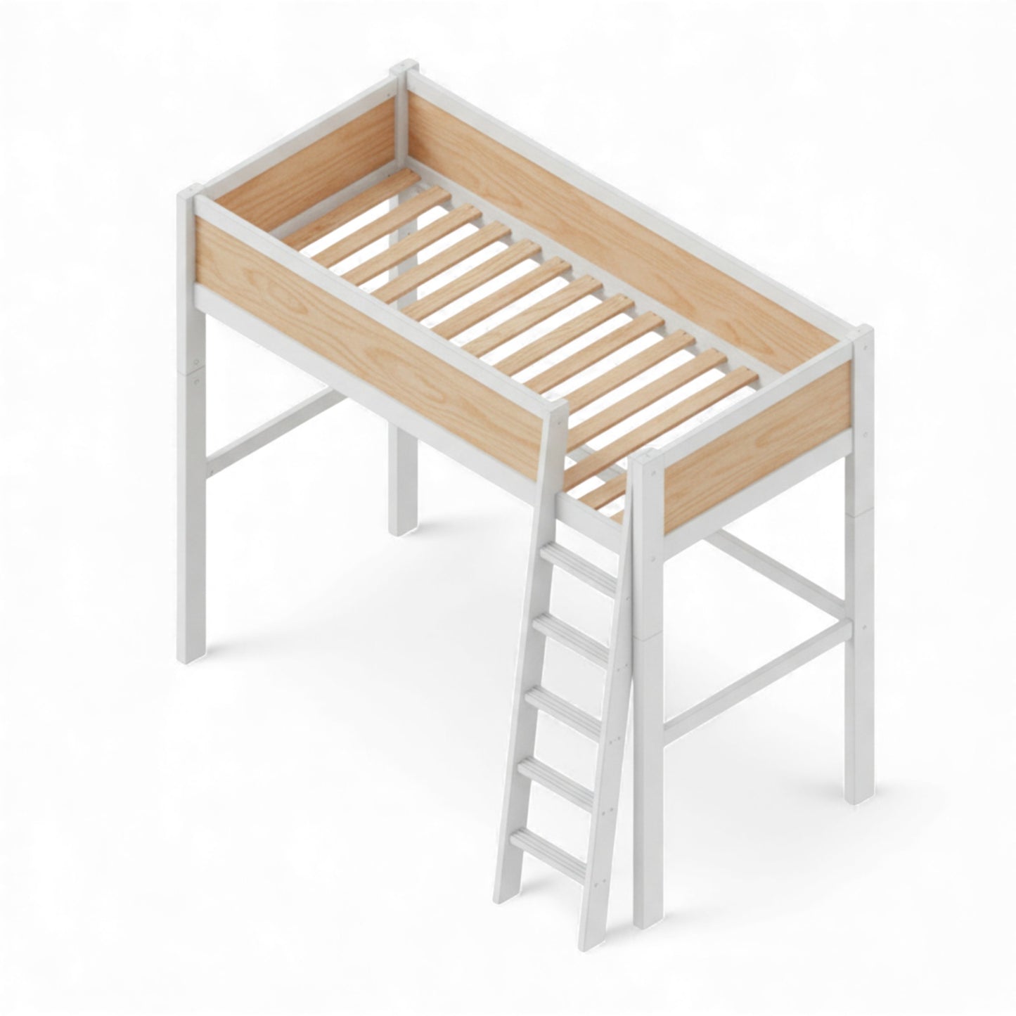 Wooden loft bed with white frame on a white background