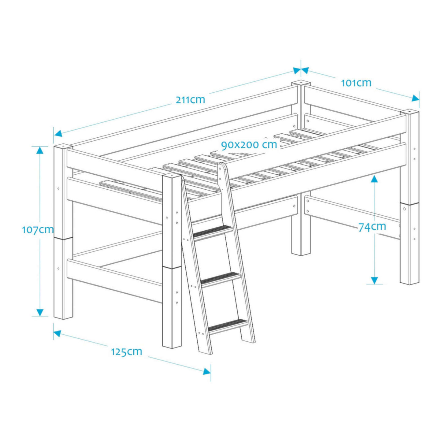 Lahe - Half high bed with slant ladder - 90x200 cm - Natural laquered dimensions and design illustration