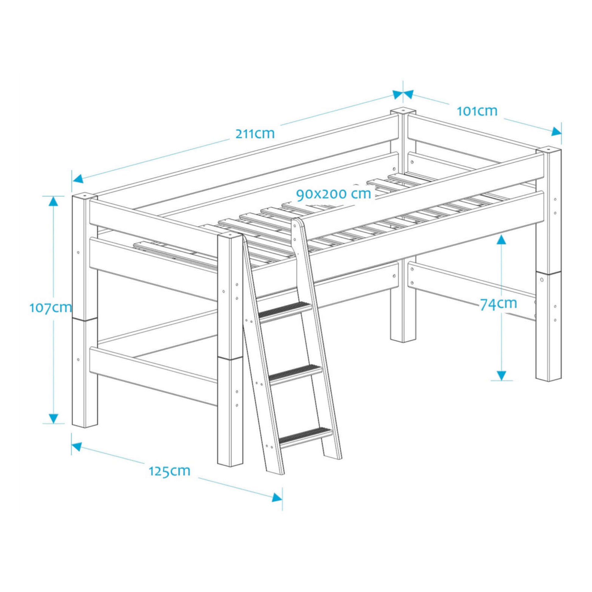 Lahe - Half high bed with slant ladder - 90x200 cm - Natural laquered dimensions and design illustration