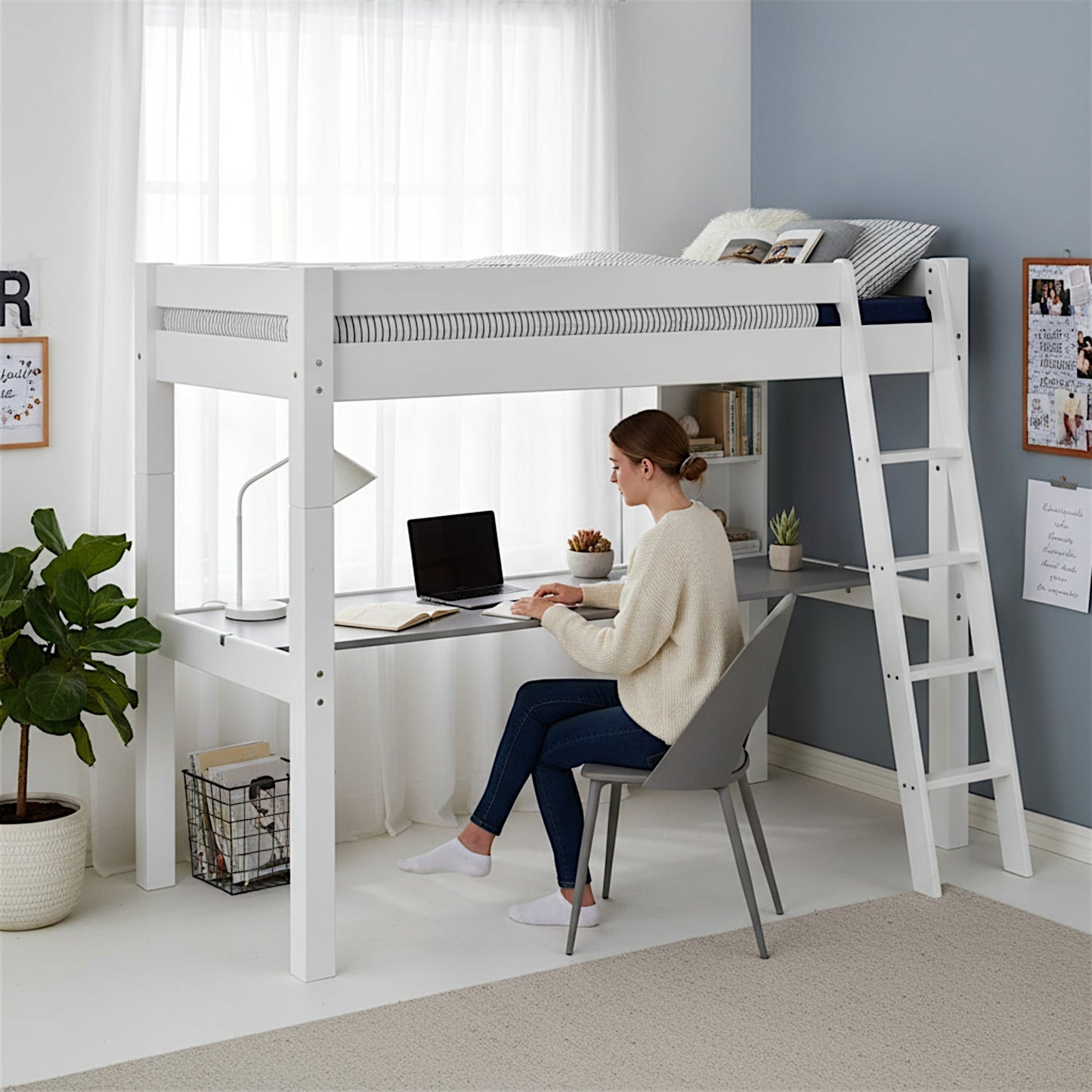 Lahe - High bed with slant ladder and table top - 90x200 cm - White