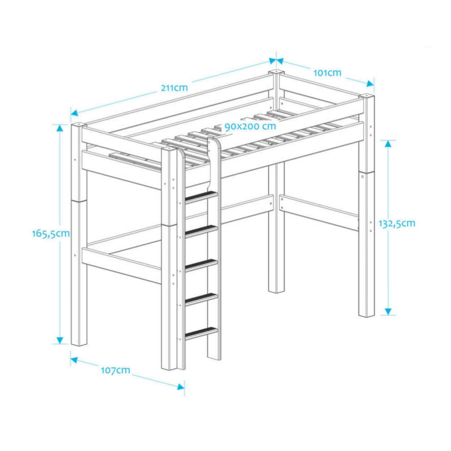 Lahe - Highbed with straight ladder - 90x200 cm - White dimensions illustration showing measurements.