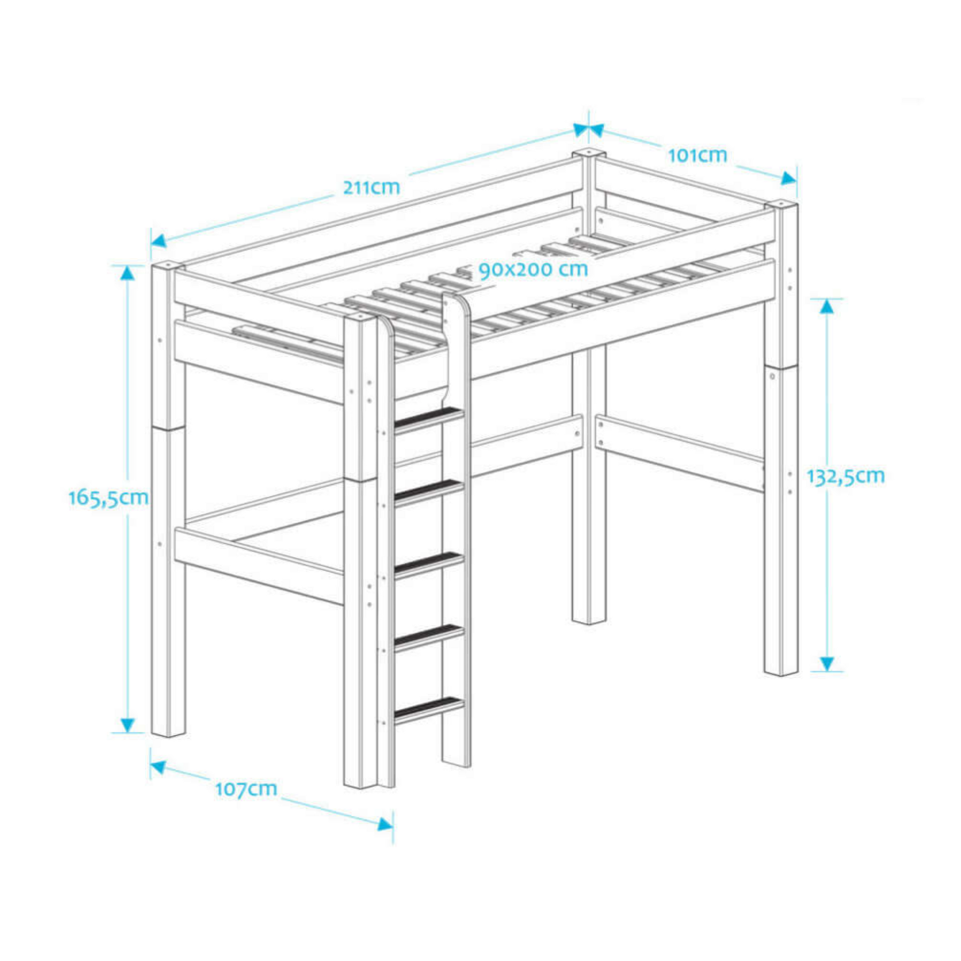 Lahe - Highbed with straight ladder - 90x200 cm - White dimensions illustration showing measurements.