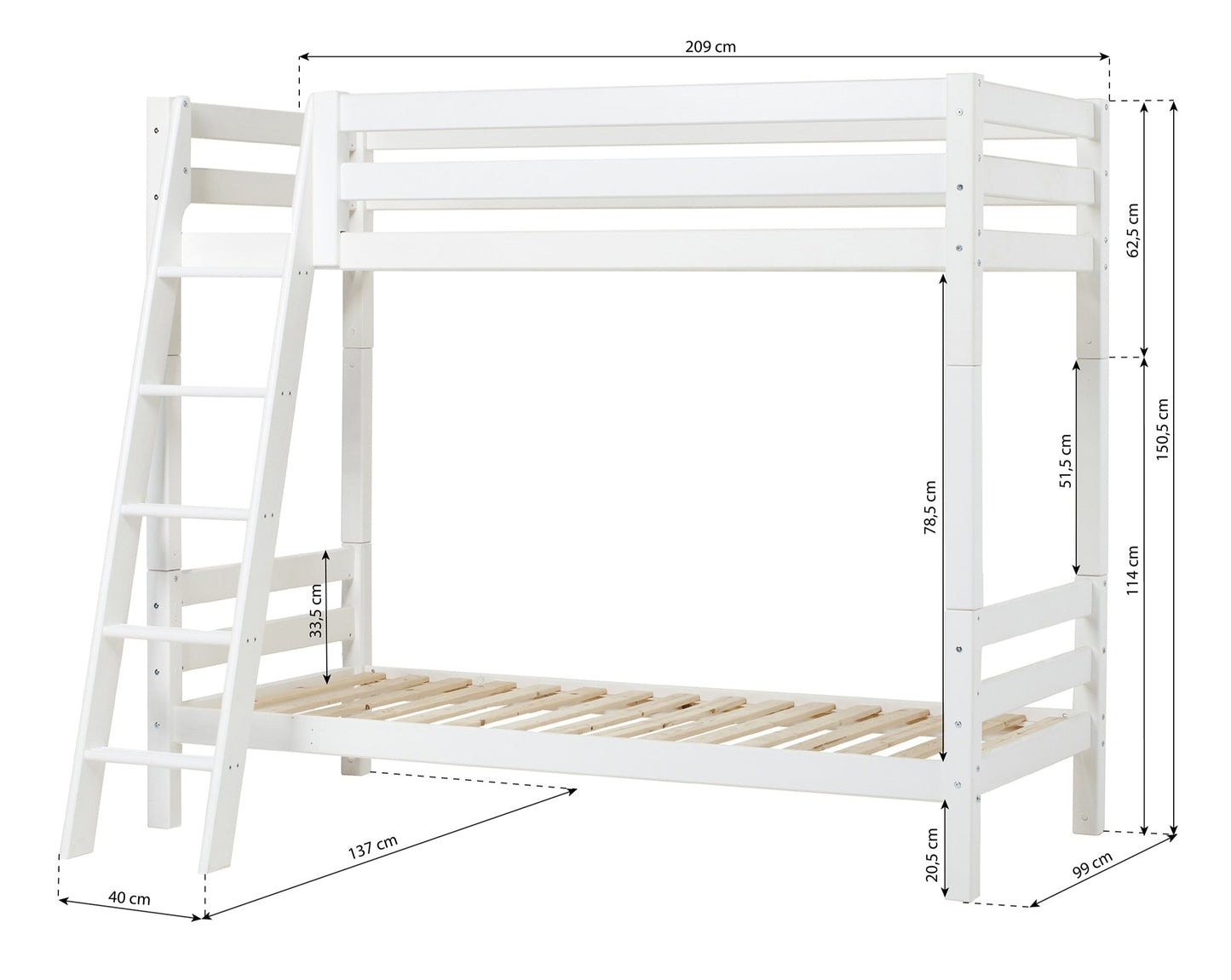 ECO Luxury - Высокая двухъярусная кровать с наклонной лестницей - 90x200 см - Белый