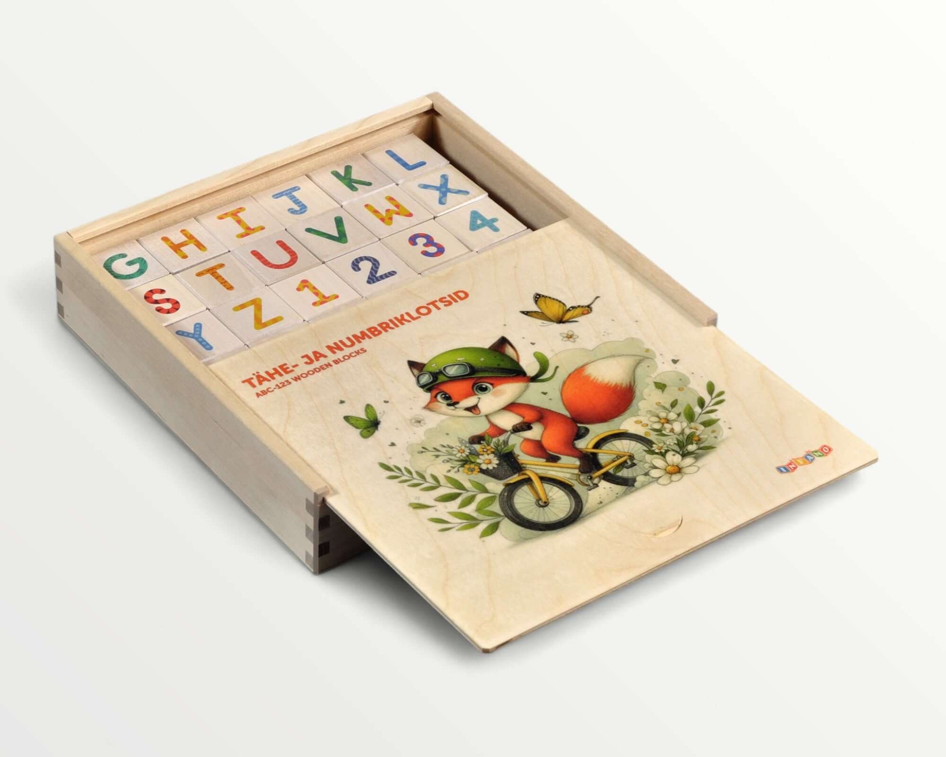 ABC-123 Wooden blocks - 36 pcs in a wooden box with vibrant letters and numbers.