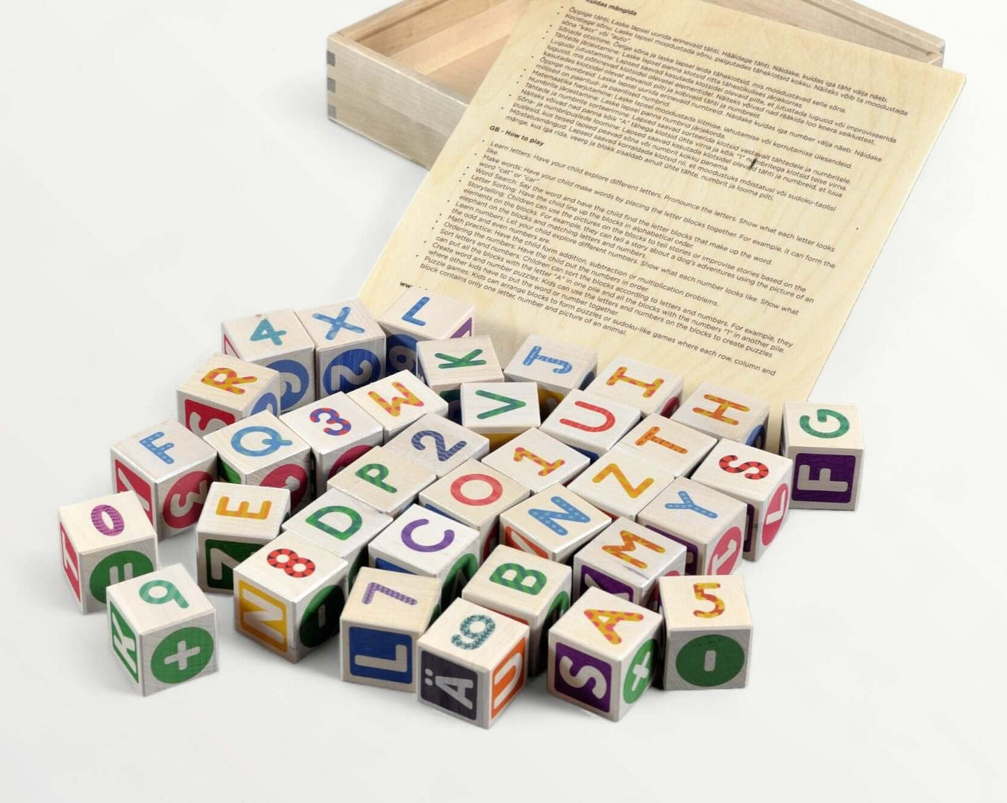 ABC-123 Wooden blocks - 36 pcs with colorful letters and numbers in a wooden box.