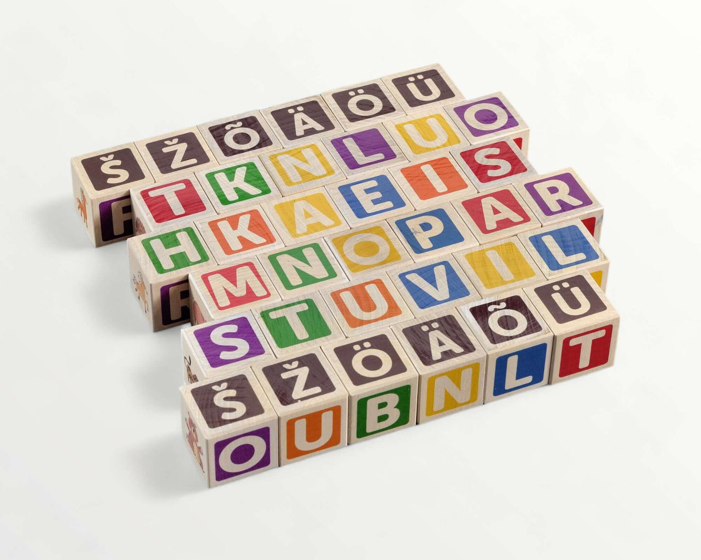 ABC-123 Wooden blocks - 36 pcs arranged with colorful letters on a white background.