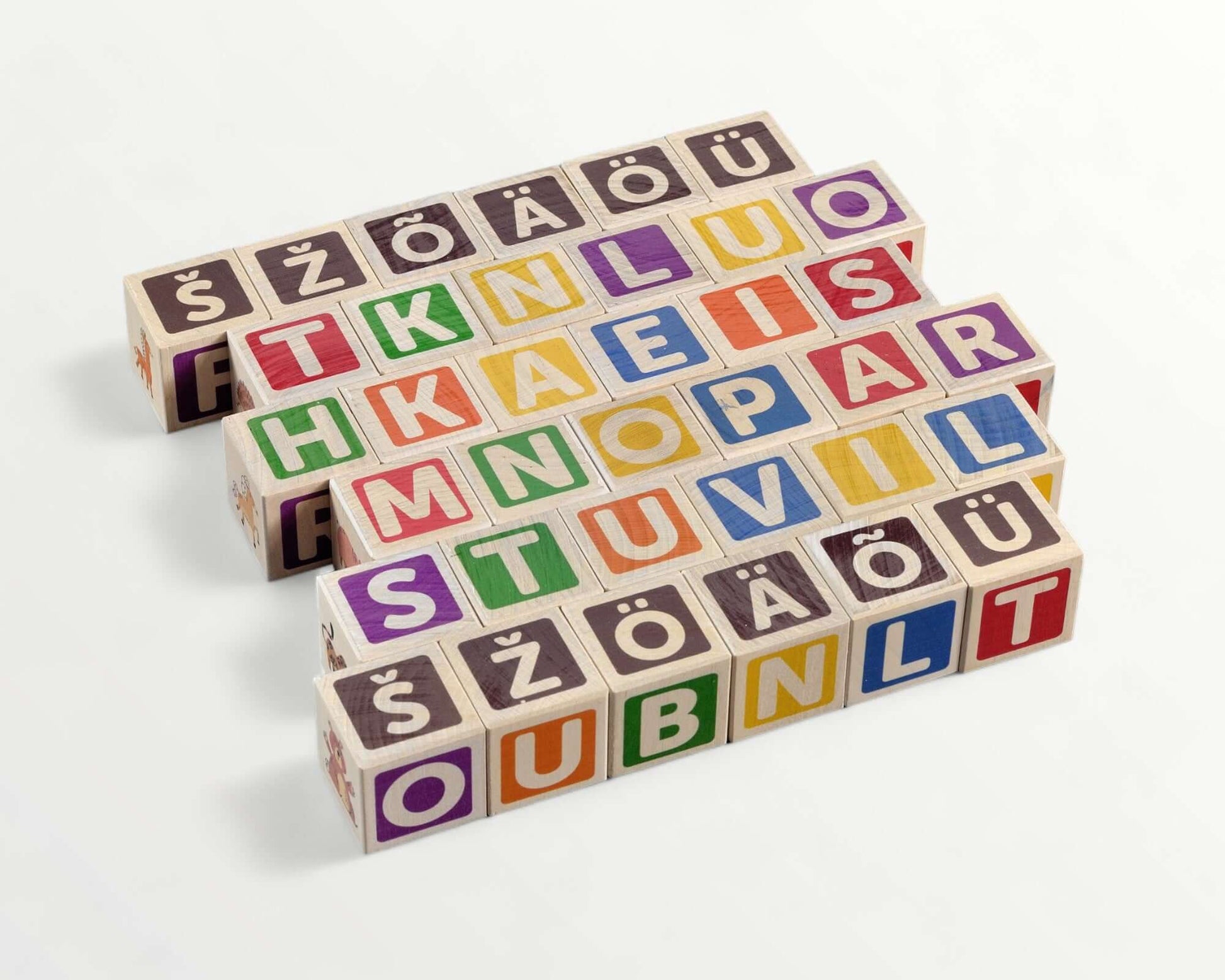 ABC-123 Wooden blocks - 36 pcs arranged with colorful letters on a white background.