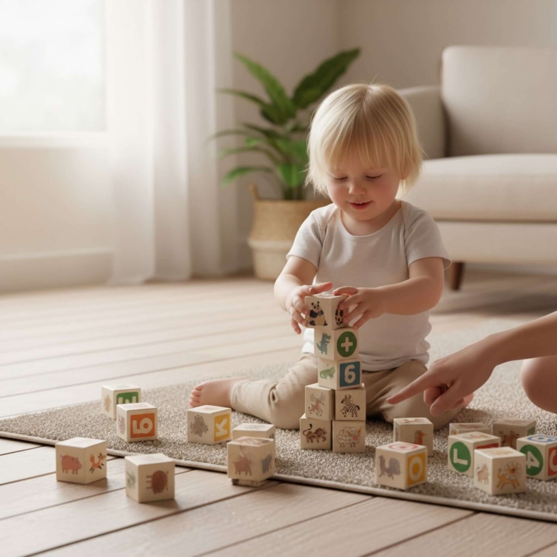 Child playing with ABC-123 Wooden blocks - 36 pcs, stacking blocks with colorful pictures in a cozy room.