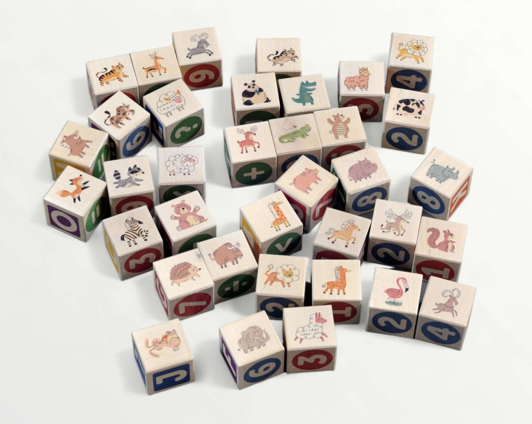 ABC-123 Wooden blocks - 36 pcs displayed in a colorful assortment, featuring numbers and animal illustrations.
