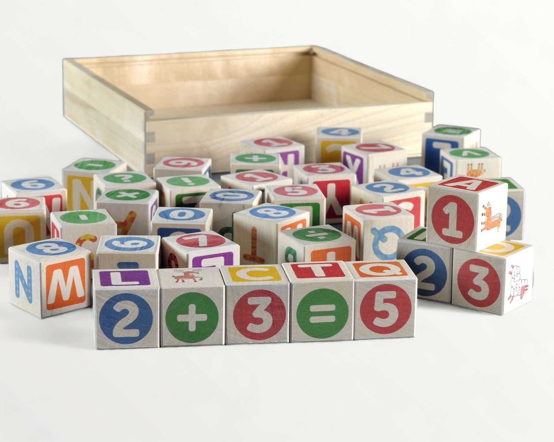 ABC-123 Wooden blocks - 36 pcs in a wooden box, featuring colorful letters, numbers, and fun illustrations.