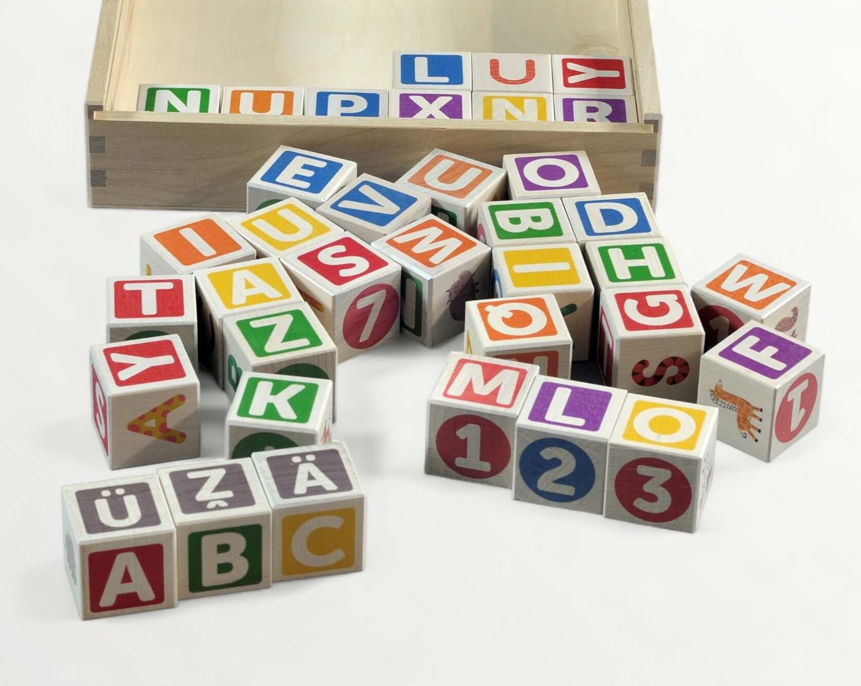 ABC-123 Wooden blocks - 36 pcs scattered around a wooden box showing colorful letters and numbers.