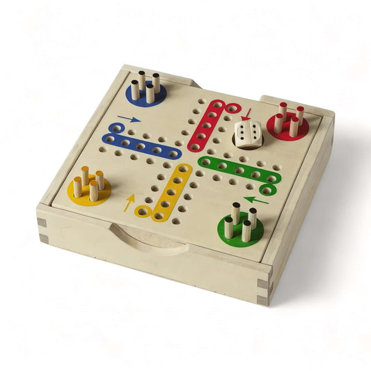 Board game - Ludo featuring a colorful wooden game board with buttons and pathways for easy gameplay.