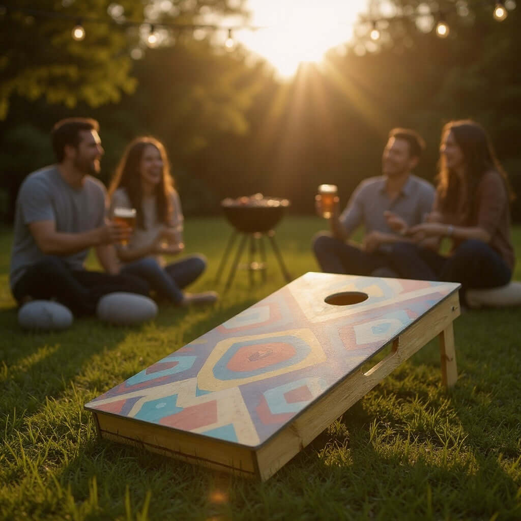 Cornhole Board - 120x60 cm on the grass during a sunset with friends enjoying the game and drinks.
