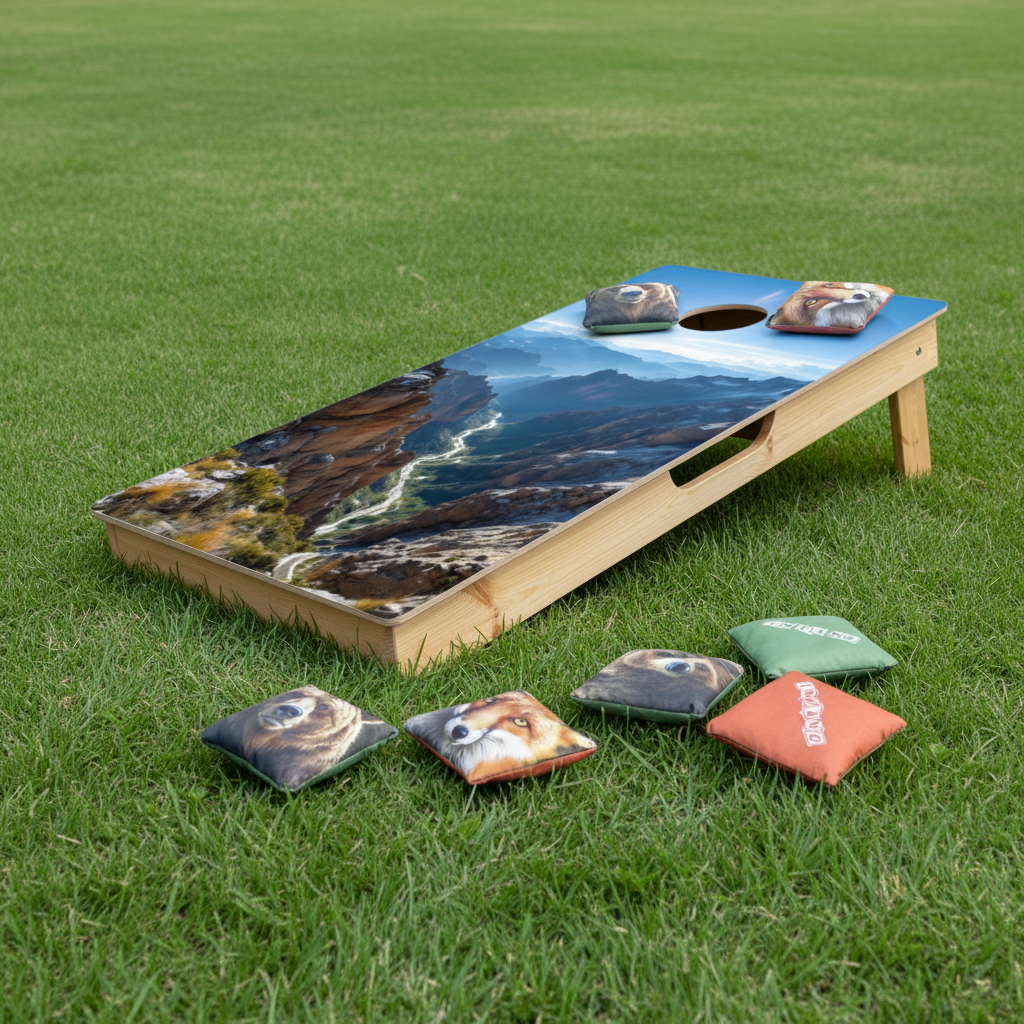 Cornhole Board - 120x60 cm on grass with colorful bags ready for play.