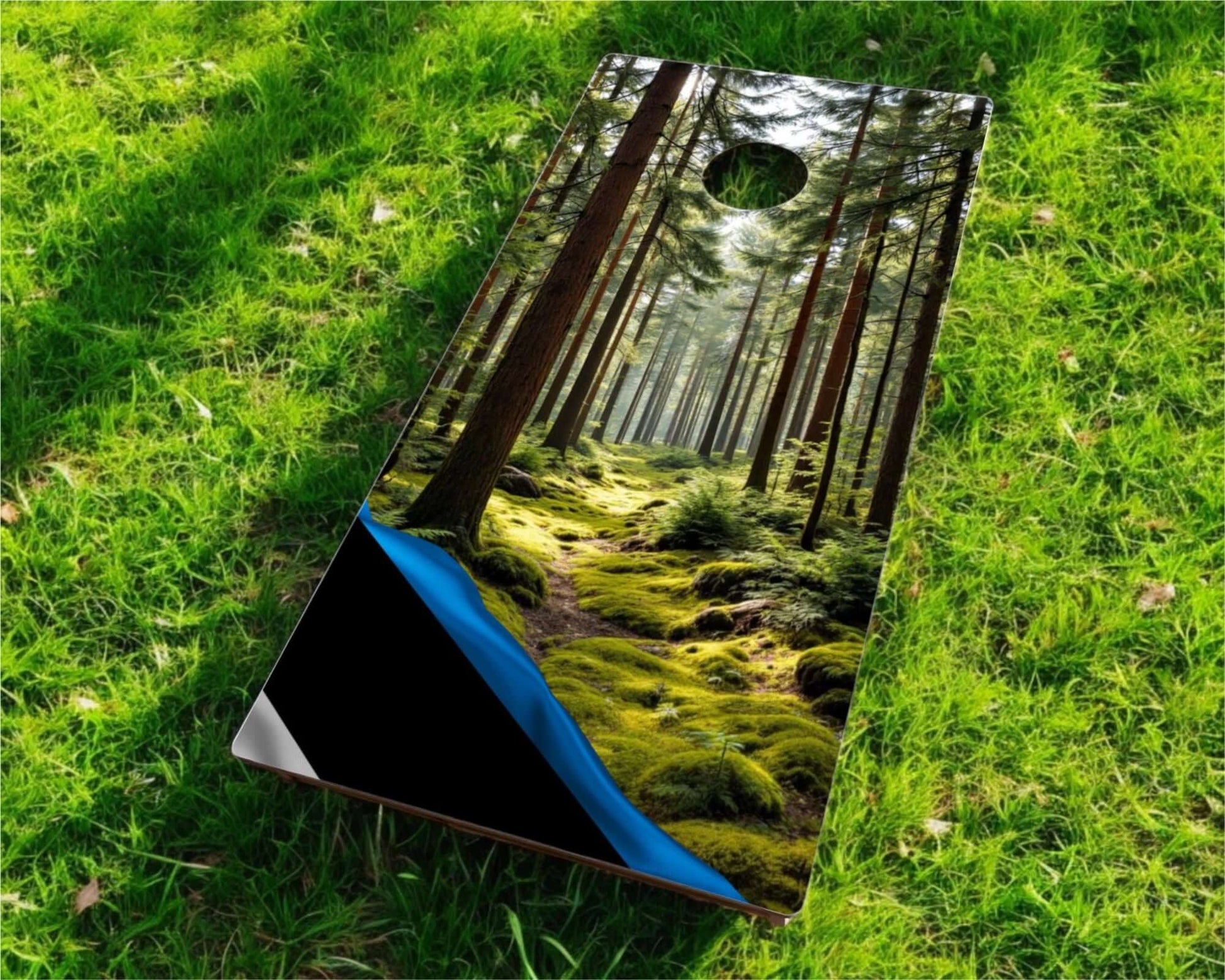 Cornhole Board - 120x60 cm featuring a forest design on a green grass background.