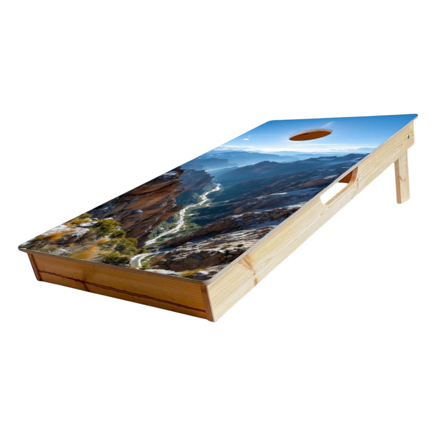 Cornhole Board - 120x60 cm featuring a scenic mountain landscape design.