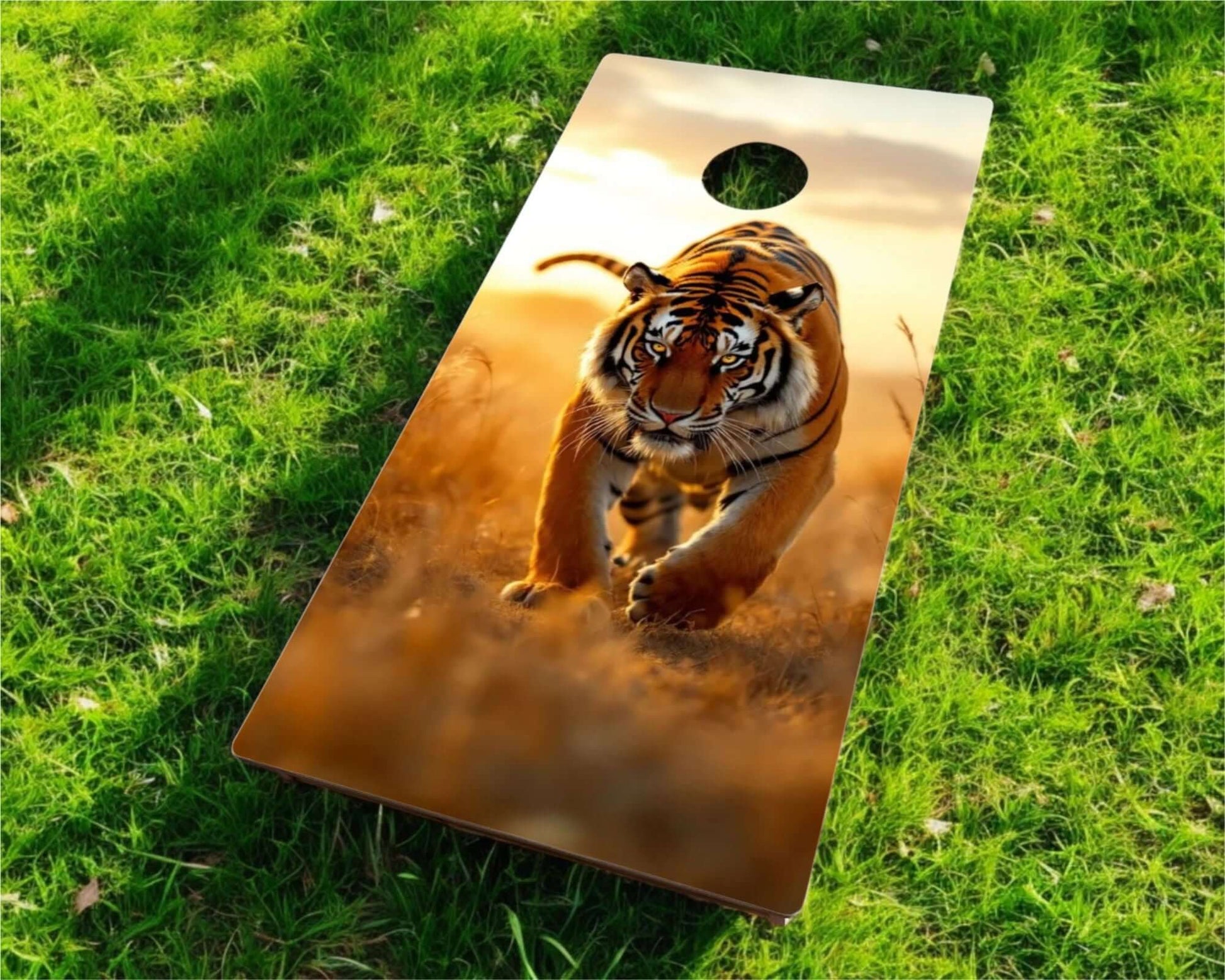 Cornhole Board - 120x60 cm featuring a tiger design in a grassy outdoor setting.