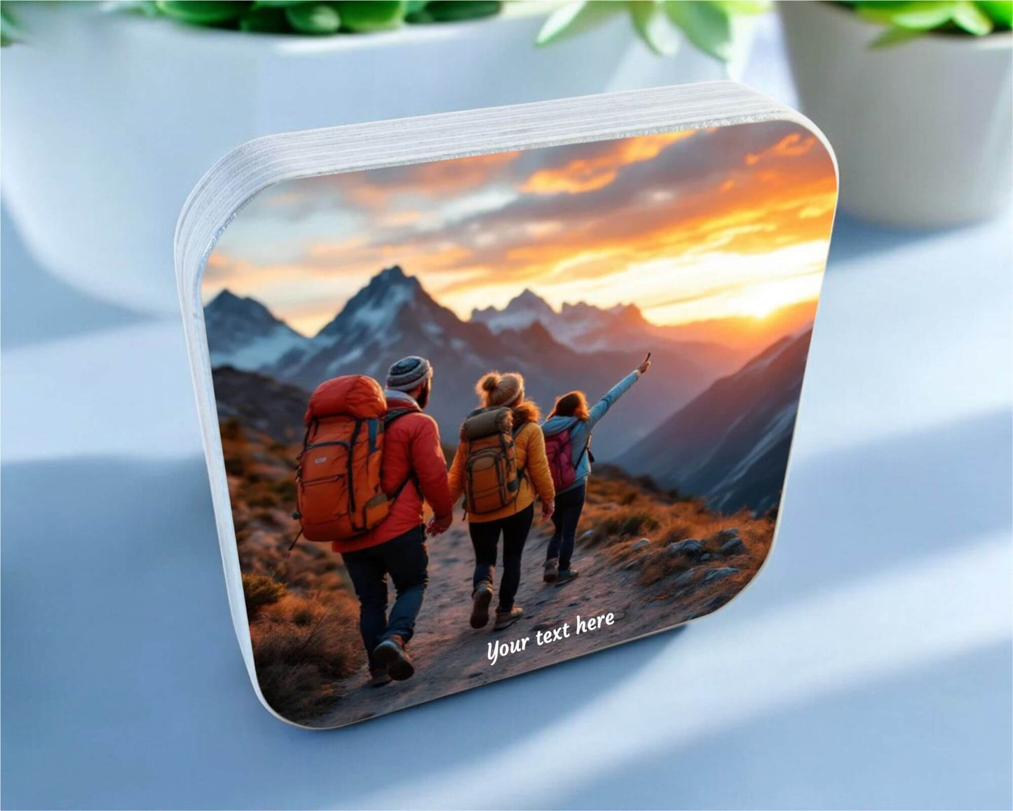 Photo on plywood - 12x12cm featuring a scenic mountain view with hikers and customizable text.