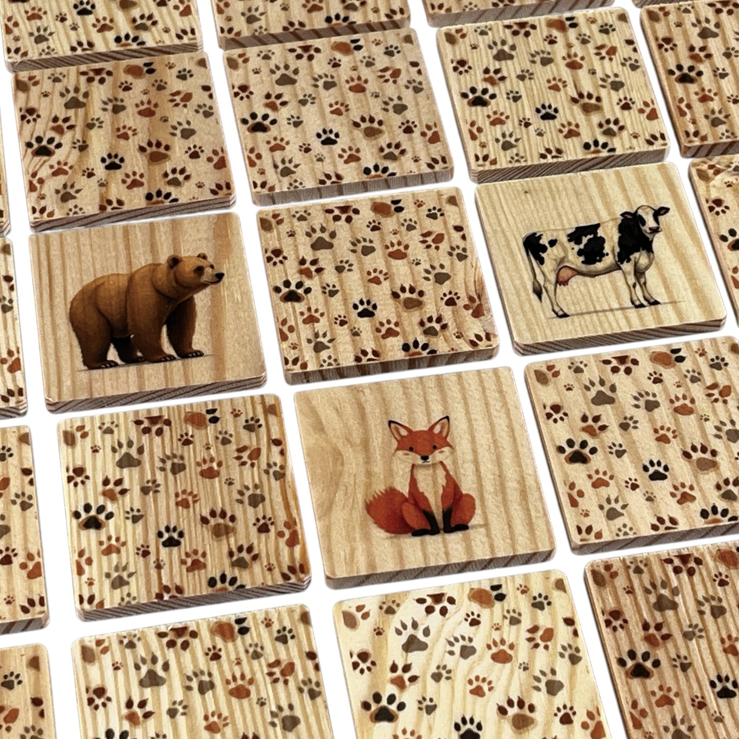 Memory game - Animals with wooden cards featuring different animals like a bear and cow.