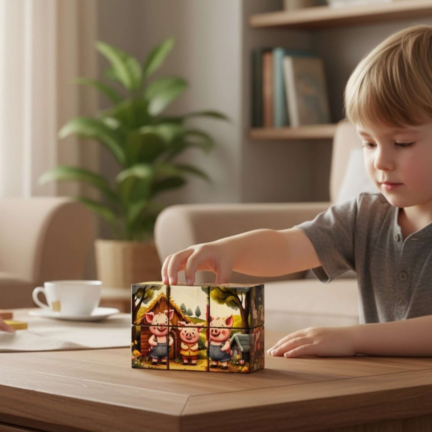 Child playing with Fairy Tale Picture Blocks – Set of 6, featuring The Three Little Pigs scene, fostering creativity.